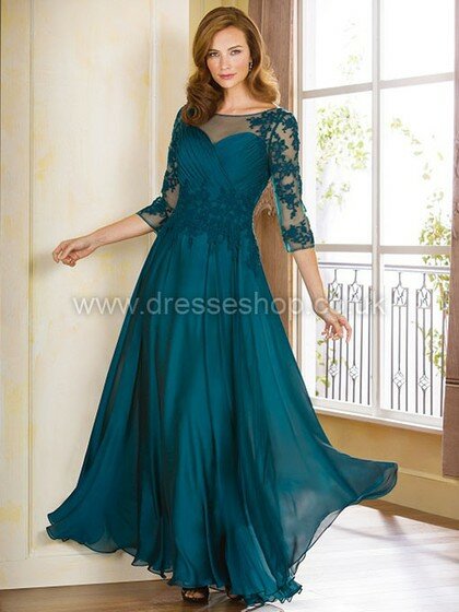 Modest A-line Scoop Neck Chiffon Tulle Appliques Lace 3/4 Sleeve Mother of the Bride Dresses #DS01021641