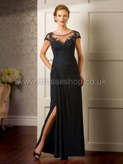Black Scoop Neck Jersey Appliques Lace Ankle-length Split Front Mother of the Bride Dresses #DS01021642