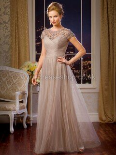 Exclusive Scoop Neck Tulle Appliques Lace Floor-length Short Sleeve Mother of the Bride Dresses #DS01021650