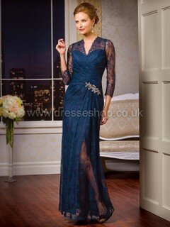 3/4 Sleeve V-neck Lace Beading Floor-length Dark Navy Mother of the Bride Dress #DS01021651