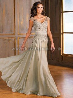 V-neck Chiffon Lace Floor-length Cap Straps Newest Mother of the Bride Dress #DS01021653
