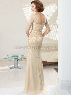 Sheath/Column Champagne Tulle Pearl Detailing Sweep Train 1/2 Sleeve Mother of the Bride Dress #DS01021655