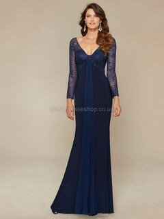 Long Sleeve V-neck Lace Chiffon Silk-like Satin Beading Trumpet/Mermaid Mother of the Bride Dress #DS01021658