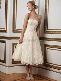 Strapless Ivory Tulle with Appliques Lace Tea-length Covered Button Wedding Dresses #DS00022272