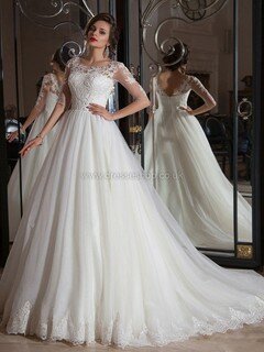 Princess 1/2 Sleeve Tulle Appliques Lace Ivory Scoop Neck Wedding Dresses #DS00022277