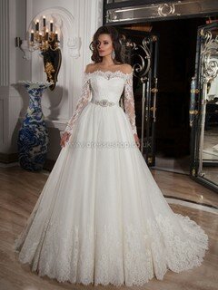 Princess Ivory Off-the-shoulder Tulle with Appliques Lace Long Sleeve Wedding Dresses #DS00022287