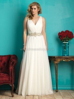 V-neck White Tulle Backless Beading Court Train Wedding Dresses #DS00022311