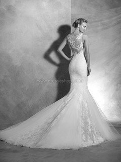 Unique V-neck Ivory Lace Tulle Appliques Lace Chapel Train Wedding Dresses #DS00022316