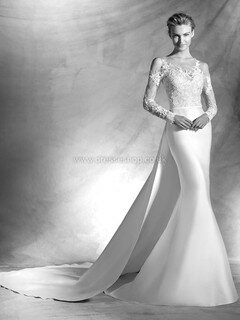 Scoop Neck Ivory Lace Satin Tulle Appliques Lace Long Sleeve Detachable Wedding Dress #DS00022319