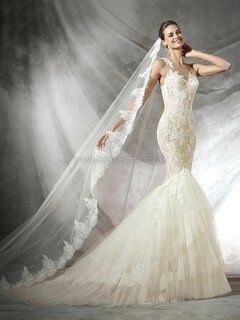 Perfect Scoop Neck Ivory Lace Tulle Appliques Lace Trumpet/Mermaid Wedding Dress #DS00022323