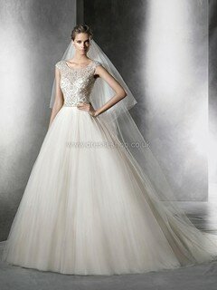 Ivory Scoop Neck Tulle Cap Straps Embroidered Ball Gown Wedding Dress #DS00022324
