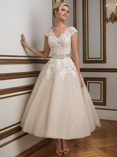 Ivory Ball Gown V-neck Tulle Sashes/Ribbons Ankle-length Wedding Dresses #DS00022340