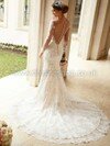 Trumpet/Mermaid Scoop Neck Tulle Lace with Buttons Ivory Long Sleeve Wedding Dresses #DS00022341