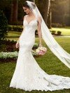 V-neck Tulle Appliques Lace White Trumpet/Mermaid Backless Wedding Dresses #DS00022342