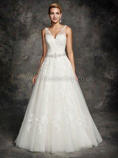 White V-neck Tulle Appliques Lace Court Train Open Back Wedding Dresses #DS00022347