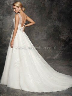 White V-neck Tulle Appliques Lace Court Train Open Back Wedding Dresses #DS00022347