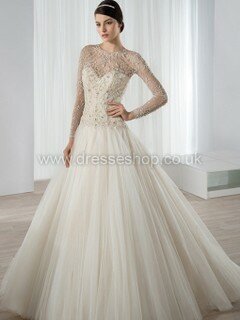 Scoop Neck Ball Gown Tulle with Beading Ivory Long Sleeve Wedding Dresses #DS00022355