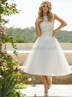 Pretty Ball Gown Scalloped Neck White Tulle Lace Tea-length Wedding Dress #DS00022367