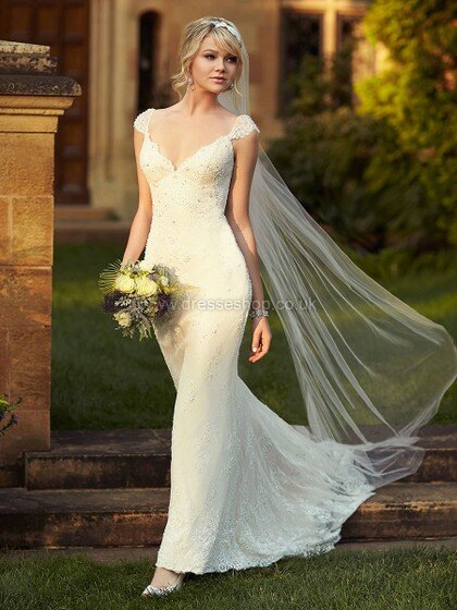 V-neck Trumpet/Mermaid Lace with Sequins Ivory Open Back Wedding Dress #DS00022369