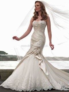 Strapless Tulle Elastic Woven Satin Appliques Lace Ivory Trumpet/Mermaid Wedding Dresses #DS00022387