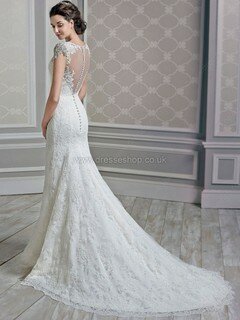 Top White Scoop Neck Tulle Appliques Lace Trumpet/Mermaid Wedding Dresses #DS00022391