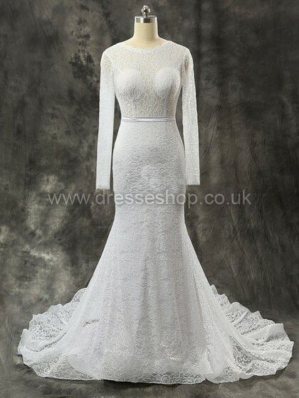 White Trumpet/Mermaid Lace Sashes/Ribbons Chapel Train Long Sleeve Wedding Dress #DS00022402
