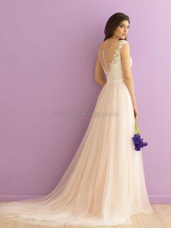 Scoop Neck Tulle Court Train with Appliques Lace Pink Fashion Wedding Dress #DS00022414