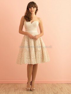 Sweetheart Lace Sashes / Ribbons Champagne Knee-length Cute Wedding Dresses #DS00022415