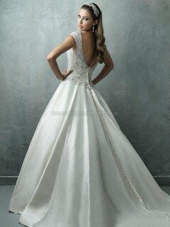 Scoop Neck White Satin Cap Straps Beading Chapel Train Wedding Dresses #DS00022419