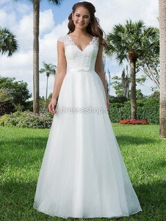 V-neck White Lace Organza Sashes / Ribbons Court Train Cap Straps Wedding Dress #DS00022429