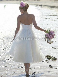 Summer Tea-length Strapless Ruffles Ivory Tulle Wedding Dresses #DS00022444