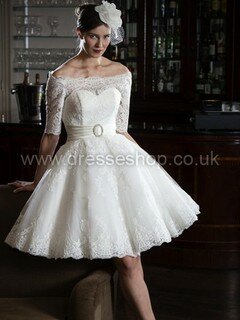 Off-the-shoulder Appliques Lace Knee-length White Tulle 1/2 Sleeve Wedding Dresses #DS00022453