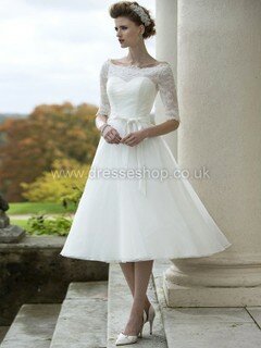 Off-the-shoulder 1/2 Sleeve White Lace Organza Sashes / Ribbons Tea-length Wedding Dress #DS00022458