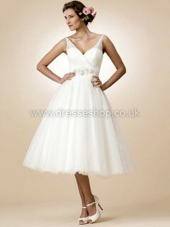 Tea-length V-neck Tulle Beading Ivory Backless Wedding Dresses #DS00022461