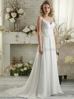 Ivory V-neck Chiffon with Appliques Lace Sweep Train Perfect Wedding Dresses #DS00022467