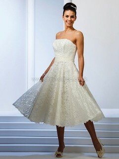 Tea-length Ivory Lace Ruffles Strapless Beautiful Wedding Dresses #DS00022479