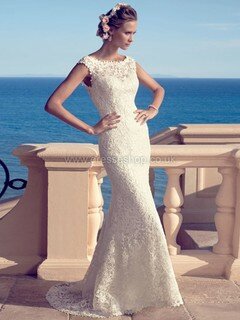 Scalloped Neck Open Back Lace Pearl Detailing Trumpet/Mermaid Ivory Wedding Dress #DS00022482