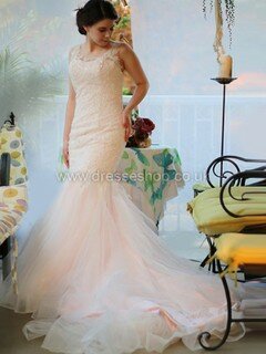 Multi Colours Trumpet/Mermaid Tulle Appliques Lace Court Train Lace-up Wedding Dress #DS00022487