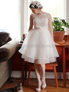 Knee-length Ivory Scoop Neck Organza Tulle with Appliques Lace Plus Size Wedding Dress #DS00022495