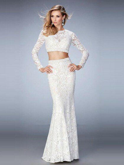 Long Sleeve Scoop Neck Lace Beading Trumpet/Mermaid Two-pieces Prom Dresses #DS020101123