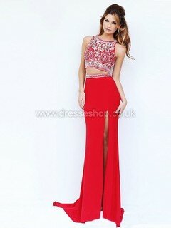 Trumpet/Mermaid Two-pieces Silk-like Satin Split Front Scoop Neck Red Prom Dress #DS020101126