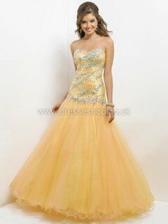 Yellow Sweetheart Lace-up Tulle Sequined Beading Trumpet/Mermaid Prom Dresses #DS020101129