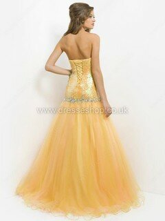 Yellow Sweetheart Lace-up Tulle Sequined Beading Trumpet/Mermaid Prom Dresses #DS020101129
