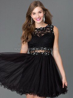 Gorgeous Scoop Neck Black Lace Tulle Ruffles Short/Mini Prom Dresses #DS020101138