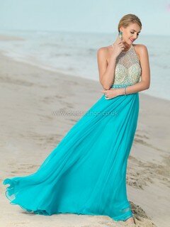 Summer Scoop Neck Chiffon Beading Open Back Sweep Train Prom Dress #DS020101151