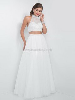 High Neck Tulle Pearl Detailing Floor-length White Two Pieces Prom Dress #DS020101160