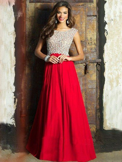 Red Scoop Neck Chiffon Beading Cap Straps A-line Prom Dress #DS020101162