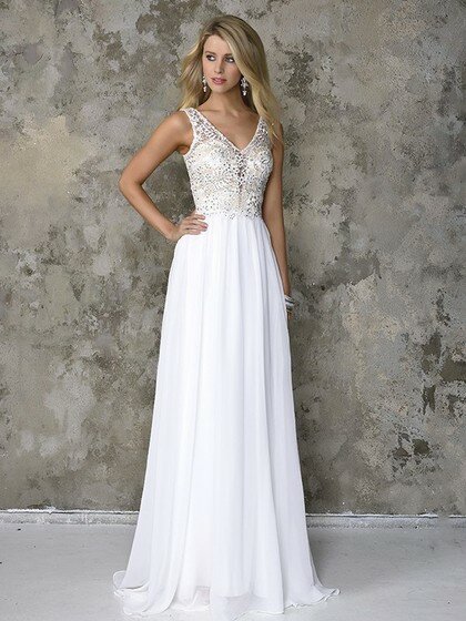 Newest V-neck Appliques Lace Floor-length White Chiffon Prom Dress #DS020101163
