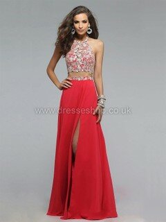 Halter Watermelon Tulle Chiffon Appliques Lace Backless Two Pieces Evening Dresses #DS02023548