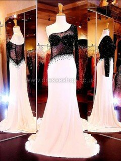 Multi Colours Trumpet/Mermaid Chiffon Tulle Crystal Detailing One Shoulder Long Sleeve Evening Dress #DS02023552